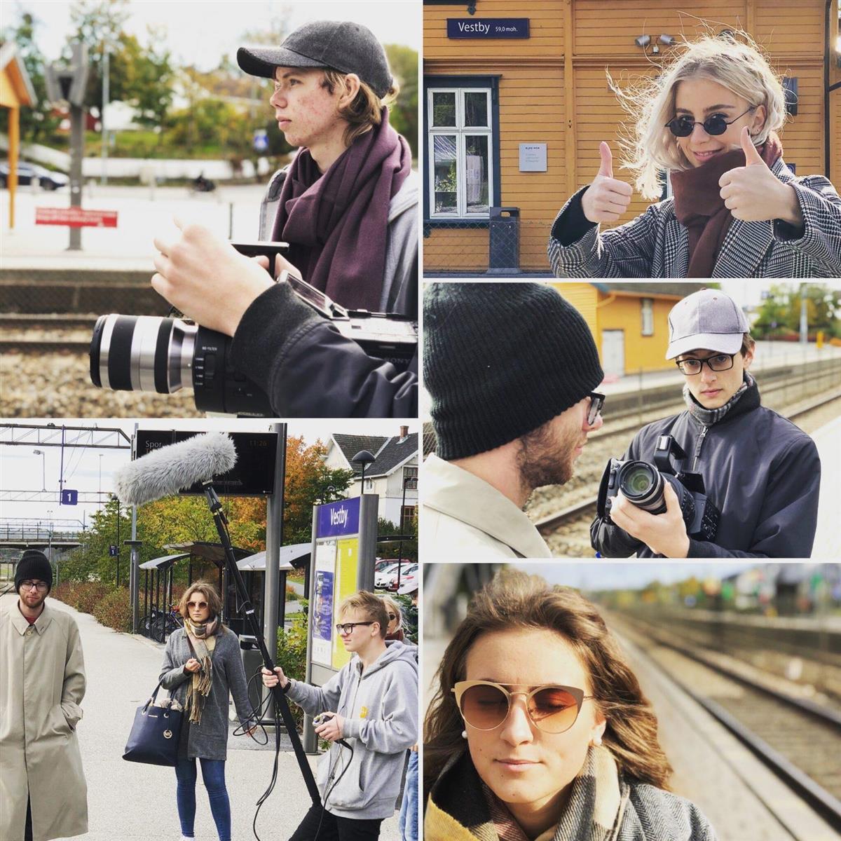 Elever filmer ved Vestby stasjon - frem bilder i en collage - Klikk for stort bilde