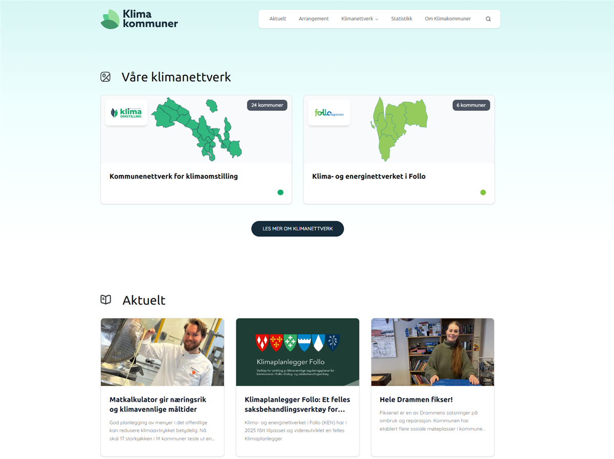 Skjermdump av forsiden på nettsiden klimakommuner.no - Klikk for stort bilde