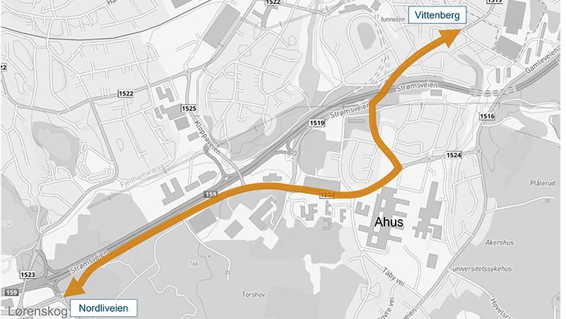 Kartutsnitt som viser mulig løsning for prioritert busstrasé gjennom Ahus-området. - Klikk for stort bilde