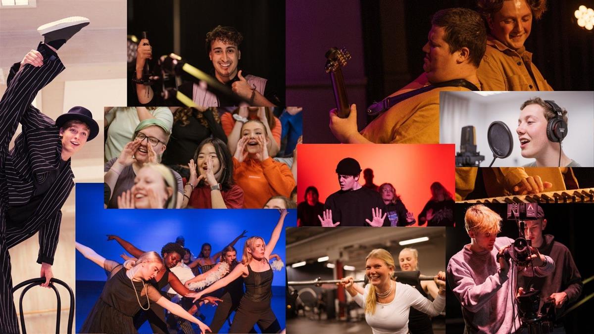 Collage med bilder av elever som synger, spiller gitar, danser, løfter vekter og to elever som jobber med filmutstyr - Klikk for stort bilde