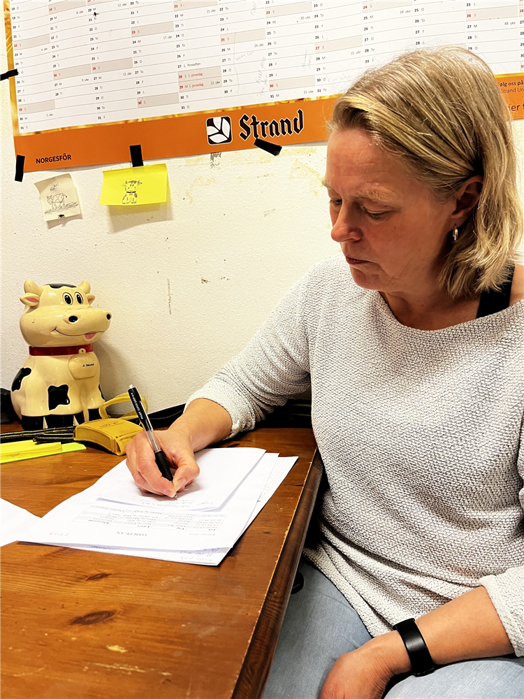 Kvinne ved pult løser oppgaver på ark med penn - Klikk for stort bilde