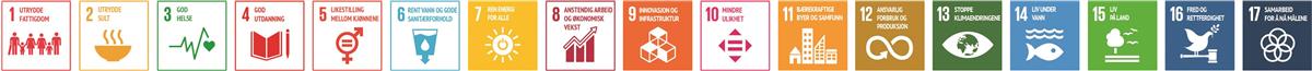 FNs 17 bærekraftsmål illustrert med 17 ulike farger i bokser. - Klikk for stort bilde