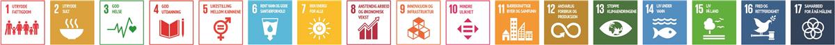 FNs 17 bærekraftsmål illustrert med 17 ulike farger i bokser. - Klikk for stort bilde